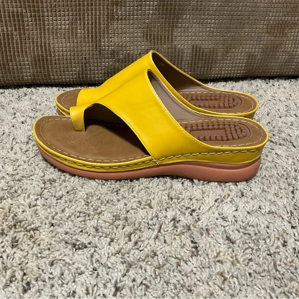 Aomigoct sandals for women’s size 42 yellow soft leather - Picture 5 of 8